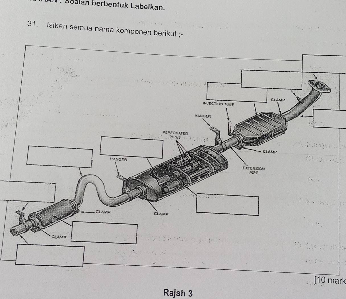 T: Soalan berbentuk Labelkan.
31. Isikan semua nama komponen berikut ;-
[10 mark
Rajah 3