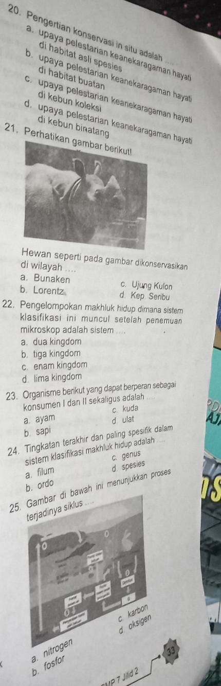 Pengertian konservasi in situ adalah
a. upaya pelestarian keanekaragaman hayat 
di habitat aslí spesies
D. upaya pelestarian keanekaragaman hayat
di habítat buatan
c. upaya pelestarian keanekaragaman hayat 
di kebun koleksi
d. upaya pelestarian keanekaragaman hayat 
di kebun binatang
21. Perhati
wan seperti pada gambar dikonservasikan
di wilayah ....
a. Bunaken c. Ujung Kulon
b. Lorentz d. Kep Seribu
22. Pengelompokan makhluk hidup dimana sistem
klasifikasi ini muncul setelah penemuan
mikroskop adalah sistem ....
a. dua kingdom
b. tiga kingdom
c. enam kingdom
d lima kingdom
23. Organisme berikut yang dapat berperan sebagai
konsumen I dan II sekaligus adalah
a ayam c. kuda
b. sapi d ulat
24. Tingkatan terakhir dan paling spesifik dalam
sistem klasifikasi makhluk hidup adalah
a. filum c. genus
d. spesies
b. ordo
25.wah ini menunjukkan proses
b. fosfor a. nitr
MP 7 Jilid 2