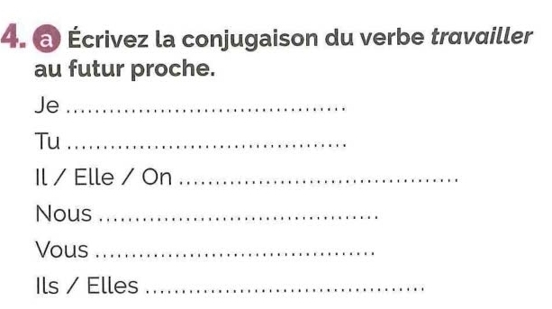 Écrivez la conjugaison du verbe travailler 
au futur proche. 
Je_ 
Tu_ 
Il / Elle / On_ 
Nous_ 
Vous_ 
Ils / Elles_