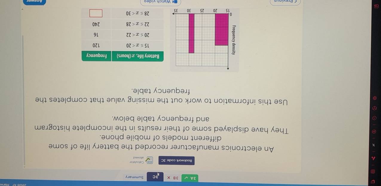 3A √ 3B* Summary
Bookwork code: 3C Caliculator
allowed
An electronics manufacturer recorded the battery life of some
different models of mobile phone.
They have displayed some of their results in the incomplete histogram
and frequency table below.
Use this information to work out the missing value that completes the
frequency table.
reviou  Watch video Anewor