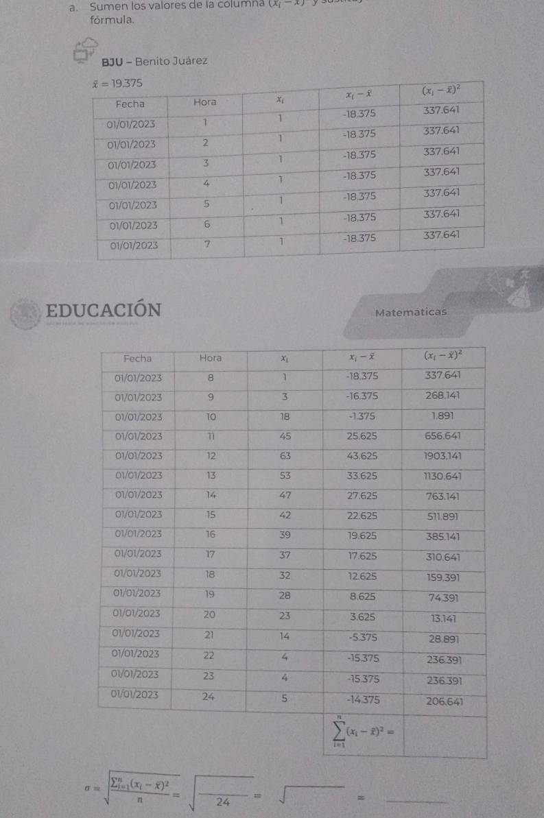 Sumen los valores de la columna (x_i-x)
fórmula.
BJU - Benito Juárez
educación
Matemáticas
sigma =sqrt (frac sumlimits _i=1)^n(x_i-overline x)^2n=sqrt(frac )24=sqrt()= _