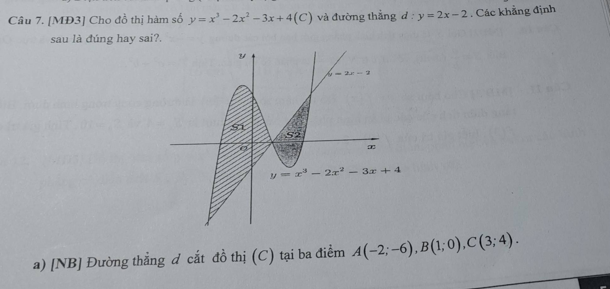 [MĐ3] Cho đồ thị hàm số y=x^3-2x^2-3x+4(C) và đường thắng l:y=2x-2. Các khẳng định
sau là đúng hay sai?.
a) [NB] Đường thẳng đ cắt đồ thị (C) tại ba điểm A(-2;-6),B(1;0),C(3;4).