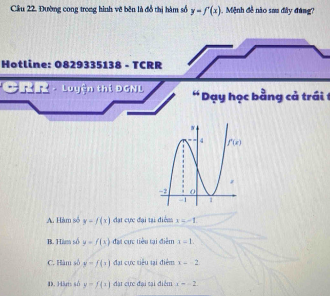 Đường cong trong hình vẽ bên là đồ thị hàm số y=f'(x). Mệnh đề nào sau đây đúng?
Hotline: 0829335138 - TCRR
CrR - Luyện thí DGNL "  Dạy học bằng cả trái 1
A. Hàm số y=f(x) đạt cực đại tại điểm x=-1.
B. Hàm số y=f(x) đạt cực tiểu tại điểm x=1.
C. Hàm số y-f(x) đạt cực tiêu tại điểm x=-2.
D. Hàm số y=f(x) đạt cực đại tại điểm x=-2.