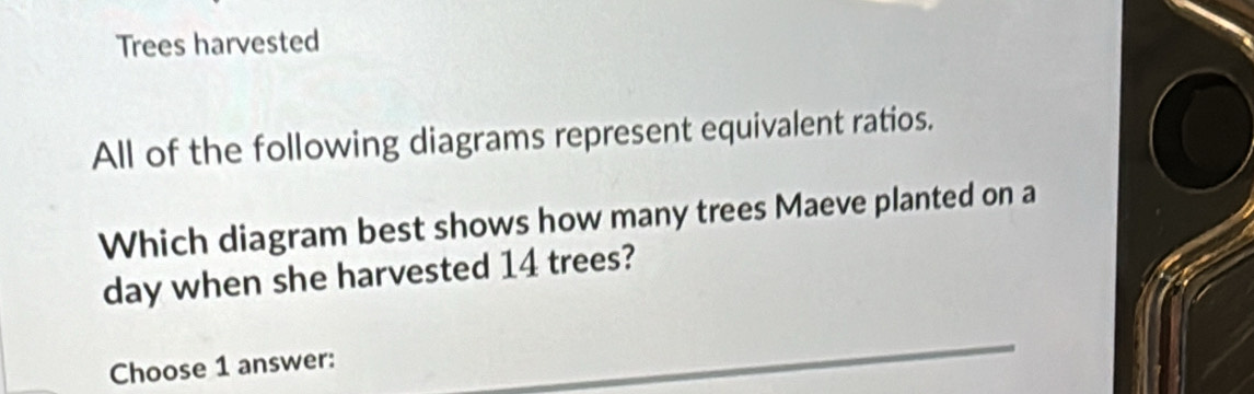 Trees harvested 
All of the following diagrams represent equivalent ratios. 
Which diagram best shows how many trees Maeve planted on a 
day when she harvested 14 trees? 
Choose 1 answer: 
_