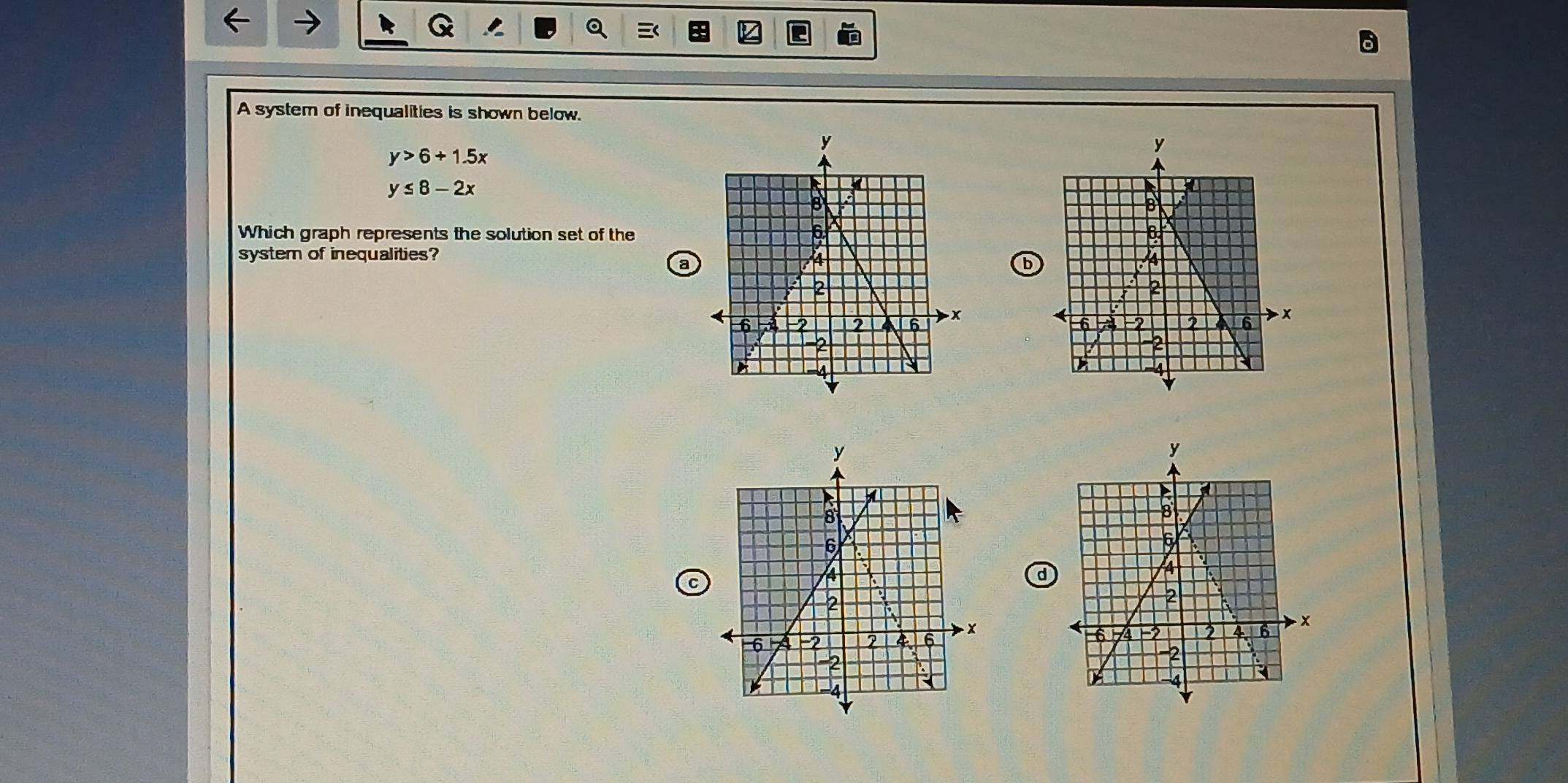 A system of inequalities is shown below.
y>6+1.5x
y≤ 8-2x
Which graph represents the solution set of the
system of inequalities?
a
b

C
d