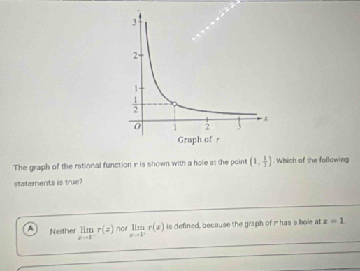 The graph of the rational function r is shown with a hole at the point (1, 1/2 ). Which of the following
statements is true?
a Neither limlimits _xto 1^-r(x) nor limlimits _xto 1^+r(x) is defined, because the graph of r has a hole at x=1.