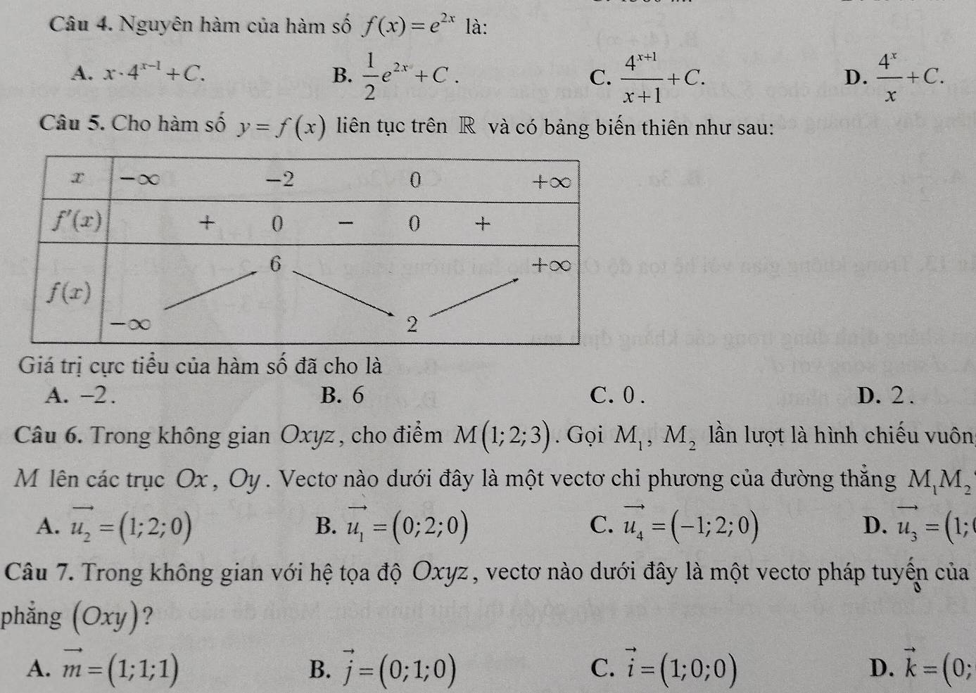 Nguyên hàm của hàm số f(x)=e^(2x) là:
A. x· 4^(x-1)+C. B.  1/2 e^(2x)+C. C.  (4^(x+1))/x+1 +C.  4^x/x +C.
D.
Câu 5. Cho hàm số y=f(x) liên tục trên R và có bảng biến thiên như sau:
Giá trị cực tiểu của hàm số đã cho là
A. −2. B. 6 C. 0 . D. 2 .
Câu 6. Trong không gian Oxyz, cho điểm M(1;2;3). Gọi M_1,M_2 lần lượt là hình chiếu vuôn
M lên các trục Ox , Oy . Vectơ nào dưới đây là một vectơ chi phương của đường thắng M_1M_2
A. vector u_2=(1;2;0) vector u_1=(0;2;0) C. vector u_4=(-1;2;0) D. vector u_3=(1;
B.
Câu 7. Trong không gian với hệ tọa độ Oxyz, vectơ nào dưới đây là một vectơ pháp tuyến của
phẳng . (Oxy) ?
A. vector m=(1;1;1) vector j=(0;1;0) vector i=(1;0;0) vector k=(0;
B.
C.
D.