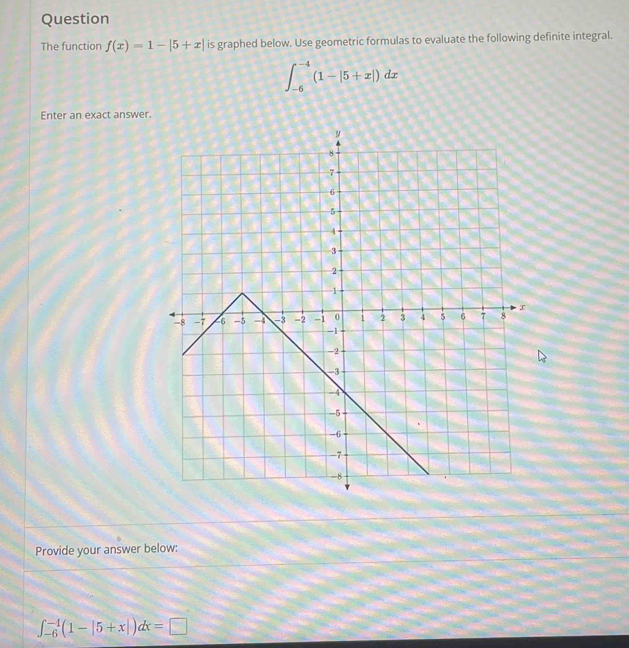 Question
The function f(x)=1-|5+x| is graphed below. Use geometric formulas to evaluate the following definite integral.
∈t _(-6)^(-4)(1-|5+x|)dx
Enter an exact answer.
Provide your answer below:
∈t _(-6)^(-4)(1-|5+x|)dx=□