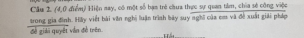 (4,0 điểm) Hiện nay, có một số bạn trẻ chưa thực sự quan tâm, chia sẻ công việc 
trong gia đình. Hãy viết bài văn nghị luận trình bày suy nghĩ của em và đề xuất giải pháp 
để giải quyết vấn đề trên. 
Hết