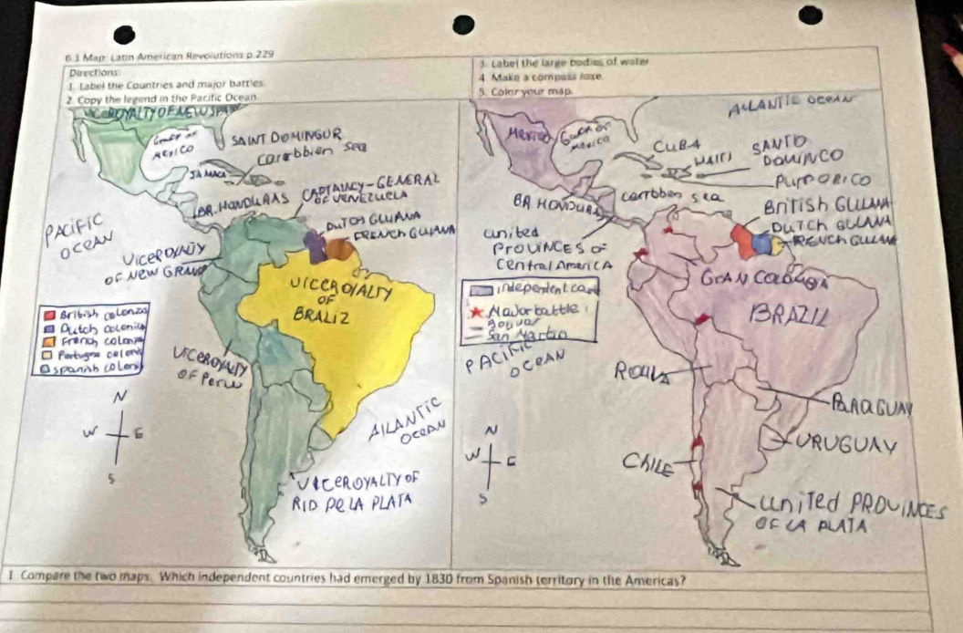 Compare the two maps. Which independent countries had emerged by 1830 from Spanish territory in the Americas?