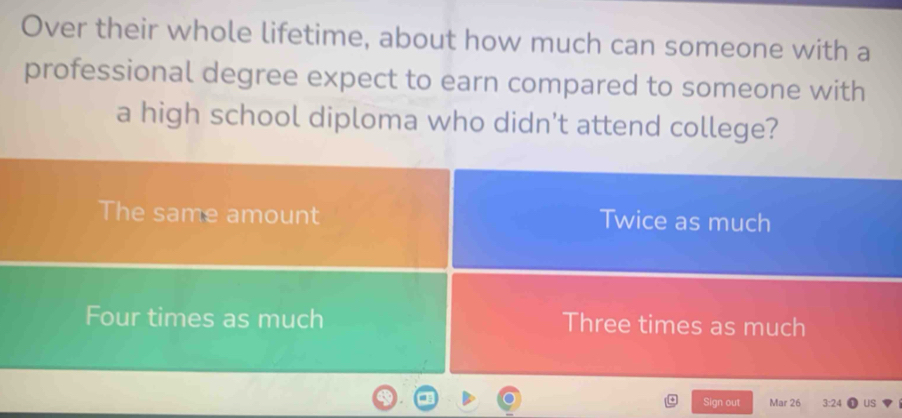 Over their whole lifetime, about how much can someone with a 
professional degree expect to earn compared to someone with 
a high school diploma who didn't attend college? 
Sign out Mar 26 3:24 US