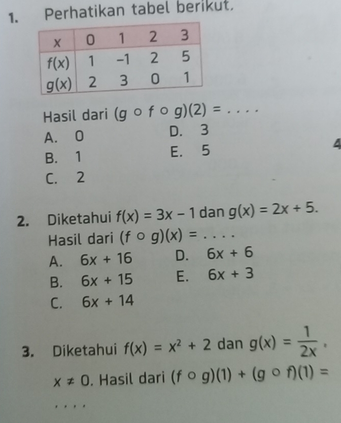 Perhatikan tabel berikut.
Hasil dari (gcirc fcirc g)(2)= _
A. O D. 3
B. 1 E. 5 4
C. 2
2. Diketahui f(x)=3x-1 dan g(x)=2x+5.
Hasil dari (fcirc g)(x)= _
A. 6x+16 D. 6x+6
B. 6x+15 E. 6x+3
C. 6x+14
3. Diketahui f(x)=x^2+2 dan g(x)= 1/2x ,
x!= 0. Hasil dari (fcirc g)(1)+(gcirc f)(1)=
_