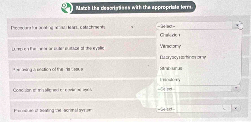 Match the descriptions with the appropriate term.
Procedure for treating retinal tears, detachments ==Select==
Chalazion
Lump on the inner or outer surface of the eyelid Vitrectomy
Dacryocystorhinostomy
Removing a section of the iris tissue Strabismus
Iridectomy
Condition of misaligned or deviated eyes --Select=-
Procedure of treating the lacrimal system --Select--