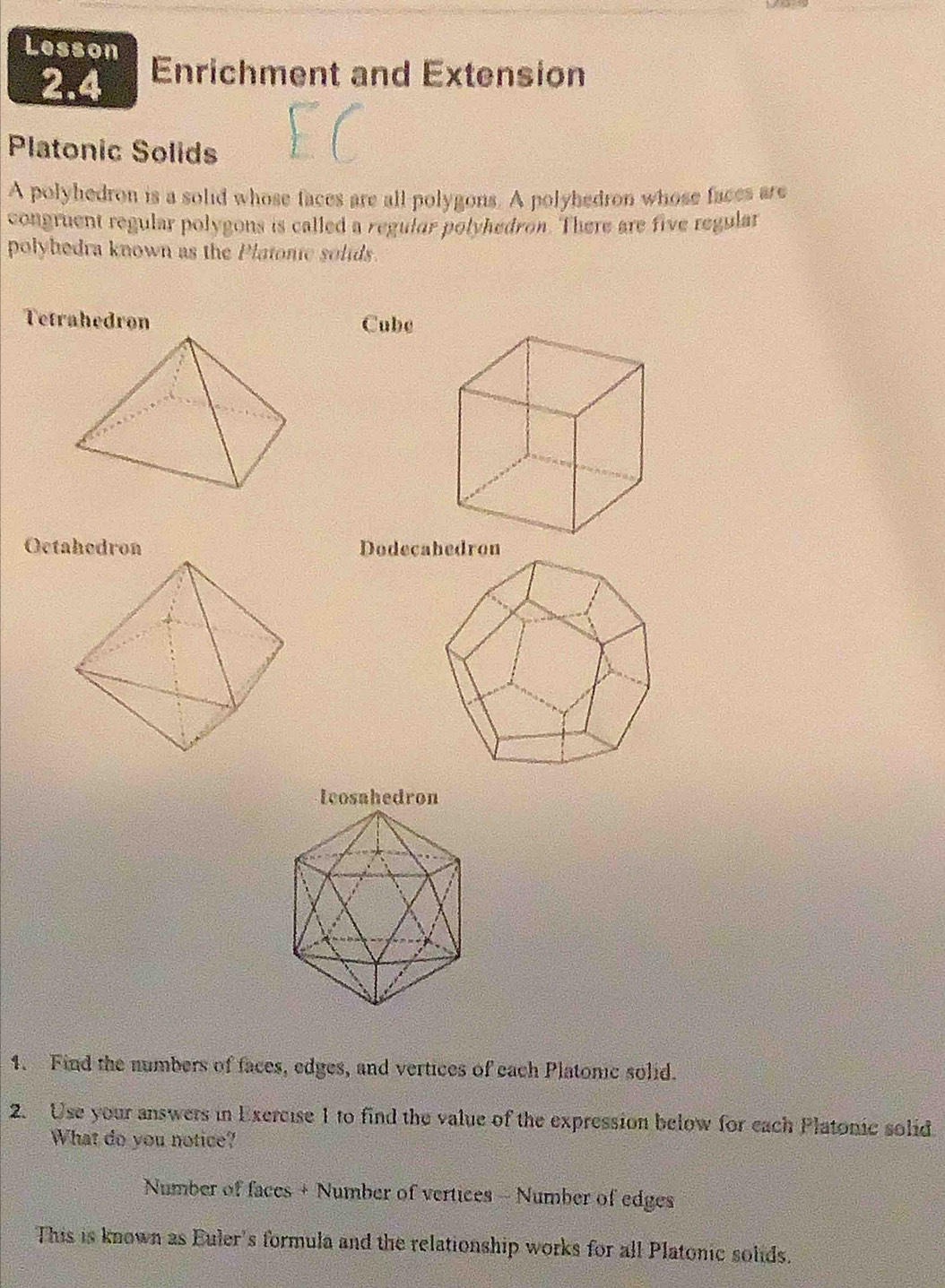 Lesson
2.4 Enrichment and Extension
Platonic Solids
EC
A polyhedron is a solid whose faces are all polygons. A polyhedron whose faces are
congruent regular polygons is called a regular polyhedron. There are five regular
polyhedra known as the Platonie solids.
Tetrahedron Cube
Octahedron Dodecabedron
4. Find the numbers of faces, edges, and vertices of each Platonic solid.
2. Use your answers in Exercise 1 to find the value of the expression below for each Platonic solid
What do you notice?
Number of faces + Number of vertices - Number of edges
This is known as Euler's formula and the relationship works for all Platonic solids.