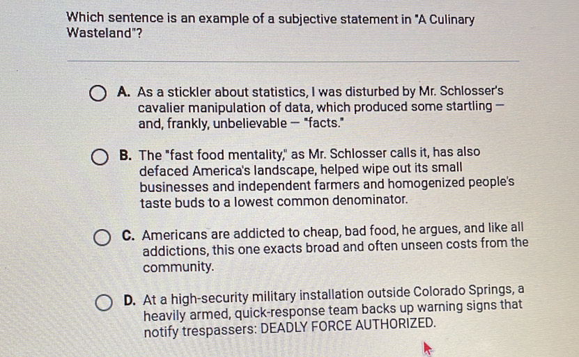 Solved: Which sentence is an example of a subjective statement in 
