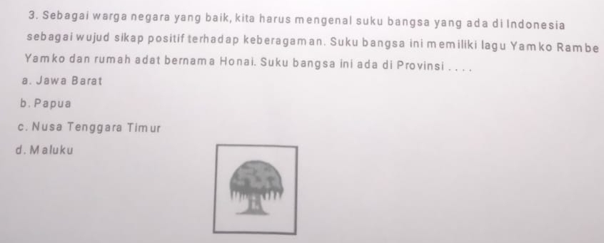 Sebagai warga negara yang baik, kita harus mengenal suku bangsa yang ada di Indonesia
sebagai wujud sikap positifterhadap keberagaman. Suku bangsa ini memiliki lagu Yamko Rambe
Yamko dan rumah adat bernama Honai. Suku bangsa ini ada di Provinsi . . . .
a. Jawa Barat
b.Papua
c. Nusa Tenggara Timur
d. Maluku