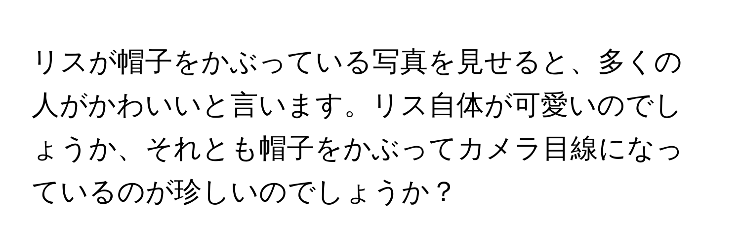 リスが帽子をかぶっている写真を見せると、多くの人がかわいいと言います。リス自体が可愛いのでしょうか、それとも帽子をかぶってカメラ目線になっているのが珍しいのでしょうか？