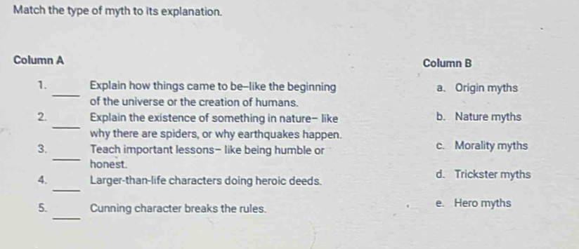 Match the type of myth to its explanation.
Column A Column B
1._ Explain how things came to be--like the beginning a. Origin myths
of the universe or the creation of humans.
_
2. Explain the existence of something in nature- like b. Nature myths
why there are spiders, or why earthquakes happen.
_
3. Teach important lessons- like being humble or c. Morality myths
honest.
4. Larger-than-life characters doing heroic deeds.
d. Trickster myths
_
_
5. Cunning character breaks the rules. e. Hero myths