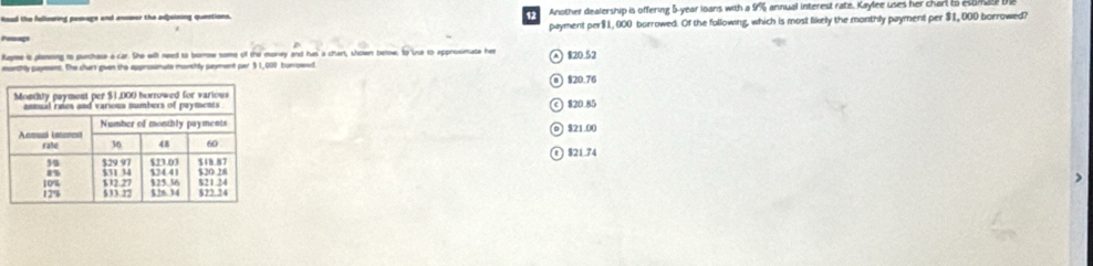 Road the followring peosage and answer the adjoining questions. a Another dealership is offering 5-year loans with a 9% annual interest rate. Kaylee uses her chart to esumat
ç payment per $1, 000 borrowed. Of the following, which is most likely the monthly payment per $1, 000 borrowed?
Kayee is planing to purchase a car. She will need to borrow some ofl the money and has a chart, shown below. to use to approximate her
monthly payment. The churr given the approsinate monthly payment per $ 1,000 burrowed ) $20.52
O $20.76
) $20.85
o ] $21.00
O $21.74