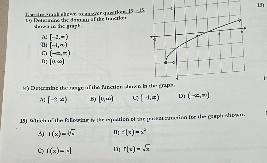 Use the graph shown to answer questions 13-15. 
13) Determine the domain of the function
shown in the graph.
A) [-2,∈fty )
B) [-1,∈fty )
C) (-∈fty ,∈fty )
D) [0,∈fty )
14
14) Determine the range of the function shown i
A) [-2,∈fty ) B) [0,∈fty ) C) [-1,∈fty ) D) (-∈fty ,∈fty )
15) Which of the following is the equation of the parent function for the graph shown.
A) f(x)=sqrt[3](x) B) f(x)=x^2
C) f(x)=|x| D) f(x)=sqrt(x)