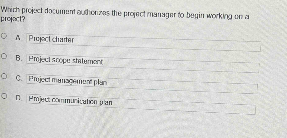 Which project document authorizes the project manager to begin working on a
project?
A. Project charter
B. Project scope statement
C. Project management plan
D. Project communication plan