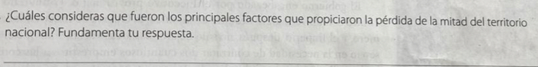 ¿Cuáles consideras que fueron los principales factores que propiciaron la pérdida de la mitad del territorio 
nacional? Fundamenta tu respuesta.