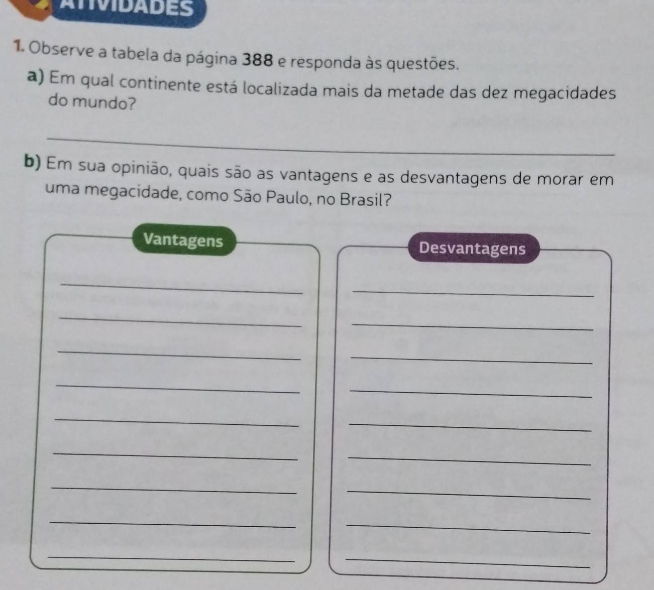 ATIVIDADES 
1. Observe a tabela da página 388 e responda às questões. 
a) Em qual continente está localizada mais da metade das dez megacidades 
do mundo? 
_ 
b) Em sua opinião, quais são as vantagens e as desvantagens de morar em 
uma megacidade, como São Paulo, no Brasil? 
Vantagens Desvantagens 
_ 
_ 
_ 
_ 
_ 
_ 
_ 
_ 
_ 
_ 
_ 
_ 
_ 
_ 
_ 
_ 
_ 
_