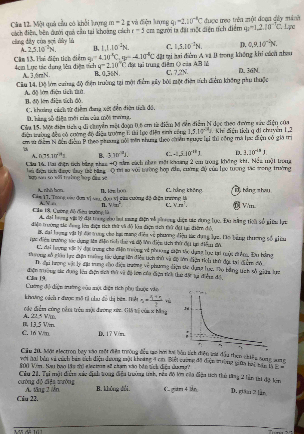 Một quả cầu có khối lượng m=2g và điện lượng q_1=2.10^(-8)C được treo trên một đoạn dây mảnh
cách điện, bên dưới quả cầu tại khoảng cách r=5 cm người ta đặt một điện tích điểm q_2=1,2.10^(-7)C. Lực
căng dây của sợi dây là
A. 2,5.10^(-2)N. B. 1,1.10^(-2)N. C. 1,5.10^(-2)N. D. 0,9.10^(-2)N.
Câu 13. Hai điện tích điểm q_1=4.10^(-8)C,q_2=-4.10^(-8)C đặt tại hai điểm A và B trong không khí cách nhau
4cm Lực tác dụng lên điện tích q=2.10^(-9)C đặt tại trung điểm O của AB là
A. 3,6mN. B. 0,36N. C. 7,2N.
D. 36N.
Câu 14. Độ lớn cường độ điện trường tại một điểm gây bởi một điện tích điểm không phụ thuộc
A. độ lớn điện tích thử.
B. độ lớn điện tích đó.
C. khoảng cách từ điểm đang xét đến điện tích đó.
D. hằng số điện môi của của môi trường.
Câu 15. Một điện tích q di chuyển một đoạn 0,6 cm từ điểm M đến điểm N dọc theo đường sức điện của
điện trường đều có cường độ điện trường E thì lực điện sinh công 1,5.10^(-18)J J. Khi điện tích q di chuyển 1,2
cm từ điểm N đến điểm P theo phương nói trên nhưng theo chiều ngược lại thì công mà lực điện có giá trị
là
A. 0,75.10^(-18)J. B. -3.10^(-18)J. C. -1,5.10^(-18)J. D. 3.10^(-18)J.
Cầu 16. Hai điện tích bằng nhau +Q nằm cách nhau một khoảng 2 cm trong không khí. Nếu một trong
hai điện tích được thay thể bằng -Q thì so với trường hợp đầu, cường độ của lực tương tác trong trường
hợp sau so với trường hợp đầu sẽ
A. nhỏ hơn. B. lớn hơn. C. bằng không. D bằng nhau.
Câu 17. Trong các đơn vị sau, đơn vị của cường độ điện trường là
A. V.m. B. V/m^2. C. V.m^2. D V/m.
Câu 18. Cường độ điện trường là
A. đại lượng vật lý đặt trung cho hạt mang điện về phương diện tác dụng lực. Đo bằng tích số giữa lực
điện trường tác dụng lên điện tích thử và độ lớn điện tích thử đặt tại điểm đó.
B. đại lượng vật lý đặt trưng cho hạt mang điện vhat e phương diện tác dụng lực. Đo bằng thương số giữa
lực điện trường tác dụng lên điện tích thử và độ lớn điện tích thử đặt tại điểm đó.
C. đại lượng vật lý đặt trưng cho điện trường về phương diện tác dụng lực tại một điểm. Đo bằng
thương số giữa lực điện trường tác dụng lên điện tích thử và độ lớn điện tích thử đặt tại điểm đó.
D. đại lượng vật lý đặt trưng cho điện trường về phương diện tác dụng lực. Đo bằng tích số giữa lực
điện trường tác dụng lên điện tích thử và độ lớn của điện tích thử đặt tại điểm đó.
Câu 19.
Cường độ điện trường của một điện tích phụ thuộc vào 
khoảng cách r được mô tả như đồ thị bên. Biết r_2=frac r_1+r_32 và
các điểm cùng nằm trên một đường sức. Giá trị của x bằng 
A. 22,5 V/m.
B. 13,5 V/m.
C. 16 V/m. D. 17 V/m.
Câu 20. Một electron bay vào một điện trường đều tạo bởi hai bản tích điện trái dấu theo chiều song song
với hai bản và cách bản tích điện dương một khoảng 4 cm. Biết cường độ điện trường giữa hai bản là
800 V/m. Sau bao lâu thì electron sẽ chạm vào bản tích điện dương? E=
Câu 21. Tại một điểm xác định trong điện trường tĩnh, nếu độ lớn của điện tích thử tăng 2 lần thì độ lớn
cường độ điện trường
A. tăng 2 lần. B. không đổi. C. giảm 4 lần.
D. giảm 2 lần.
Câu 22.
Mã đề 101