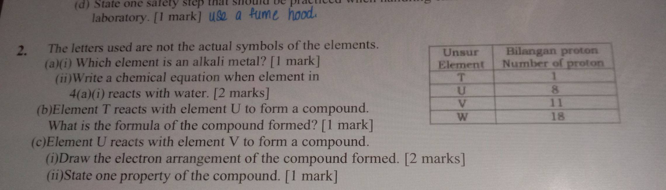 State one safety step that should be practic 
laboratory. [1 mark] 
2. The letters used are not the actual symbols of the elements. 
(a)(i) Which element is an alkali metal? [1 mark] 
(ii)Write a chemical equation when element in 
4(a)(i) reacts with water. [2 marks] 
(b)Element T reacts with element U to form a compound. 
What is the formula of the compound formed? [1 mark] 
(c)Element U reacts with element V to form a compound. 
(i)Draw the electron arrangement of the compound formed. [2 marks] 
(ii)State one property of the compound. [1 mark]