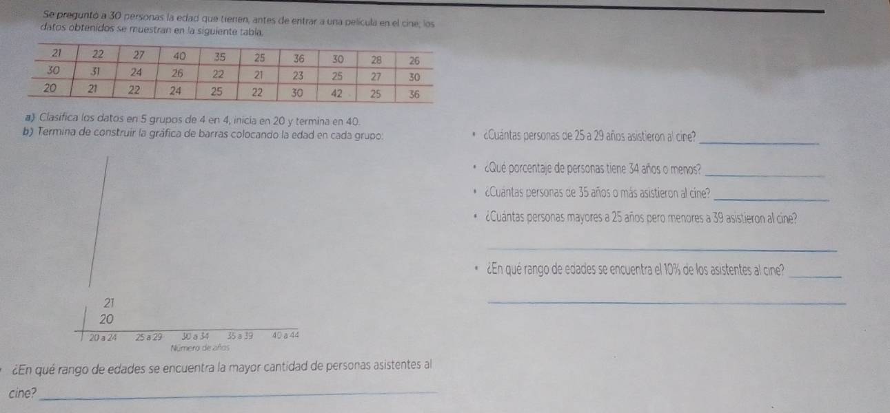 Se preguntó a 30 personas la edad que tienen, antes de entrar a una película en el cine; los 
datos obtenidos se muestran en la siguiente tabla. 
a) Clasifica los datos en 5 grupos de 4 en 4, inicia en 20 y termina en 40. 
b) Termina de construir la gráfica de barras colocando la edad en cada grupo: ¿Cuántas personas de 25 a 29 años asistieron al cine? 
_ 
¿Qué porcentaje de personas tiene 34 años o menos? 
_ 
¿Cuantas personas de 35 años o más asistieron al cine?_ 
¿Cuántas personas mayores a 25 años pero menores a 39 asistieron al cine? 
_ 
_ 
¿En qué rango de edades se encuentra el 10% de los asistentes al cine?
21
_
20
20 a 24 25 a 29 30 a 34 35 a 39 40a44
Número de años 
¿En qué rango de edades se encuentra la mayor cantidad de personas asistentes al 
cine?_