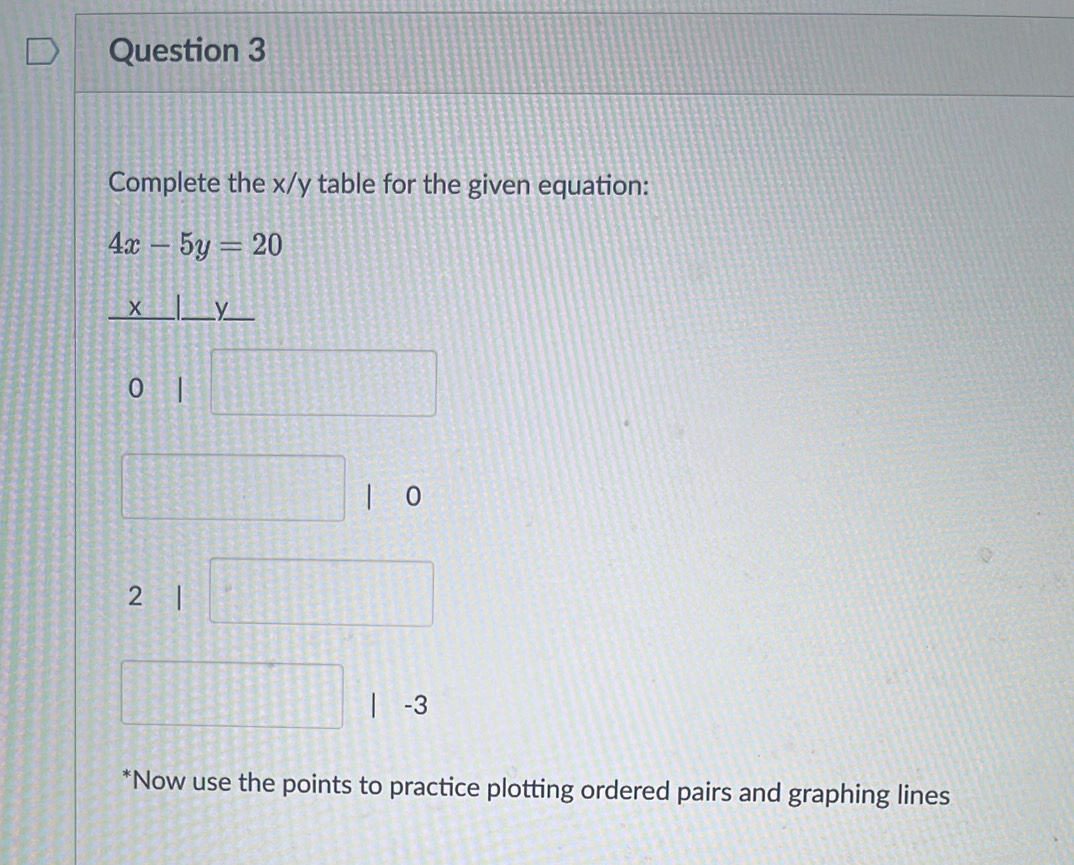 Complete the x/y table for the given equation:
4x-5y=20
x y
0
0
2
-3
*Now use the points to practice plotting ordered pairs and graphing lines