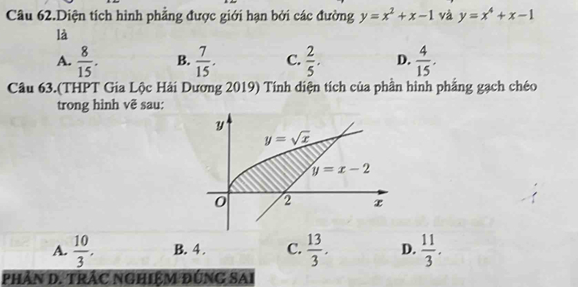 Câu 62.Diện tích hình phẳng được giới hạn bởi các đường y=x^2+x-1 và y=x^4+x-1
là
A.  8/15 .  7/15 . C.  2/5 . D.  4/15 .
B.
Câu 63.(THPT Gia Lộc Hải Dương 2019) Tính diện tích của phần hình phẳng gạch chéo
trong hình vẽ sau:
A.  10/3 . B. 4 . C.  13/3 . D.  11/3 .
phân D. trẬC nghiệM đúng SAi