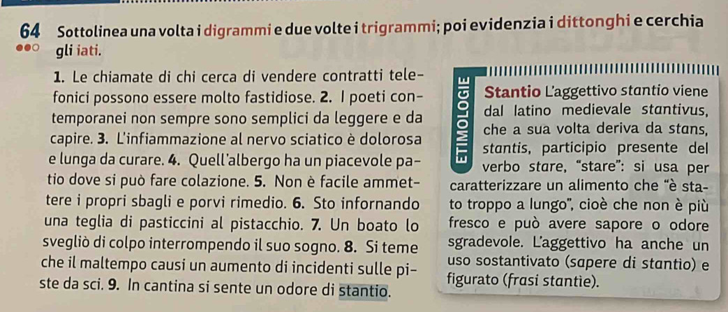 Sottolinea una volta i digrammi e due volte i trigrammi; poi evidenzia i dittonghi e cerchia 
gli iati. 
1. Le chiamate di chi cerca di vendere contratti tele- 
fonici possono essere molto fastidiose. 2. I poeti con- Stantio Laggettivo stantio viene 
temporanei non sempre sono semplici da leggere e da a dal latino medievale stantivus, 
che a sua volta deriva da stans, 
capire. 3. L'infiammazione al nervo sciatico è dolorosa stantis, participio presente del 
e lunga da curare. 4. Quell’albergo ha un piacevole pa- verbo stare, “stare”: si usa per 
tio dove si può fare colazione. 5. Non è facile ammet- caratterizzare un alimento che "è sta- 
tere i propri sbagli e porvi rimedio. 6. Sto infornando to troppo a lungo'', cioè che non è più 
una teglia di pasticcini al pistacchio. 7. Un boato lo fresco e può avere sapore o odore 
svegliò di colpo interrompendo il suo sogno. 8. Si teme sgradevole. Laggettivo ha anche un 
che il maltempo causi un aumento di incidenti sulle pi- uso sostantivato (sapere di stantio) e 
ste da sci. 9. In cantina si sente un odore di stantio. figurato (frasi stantie).