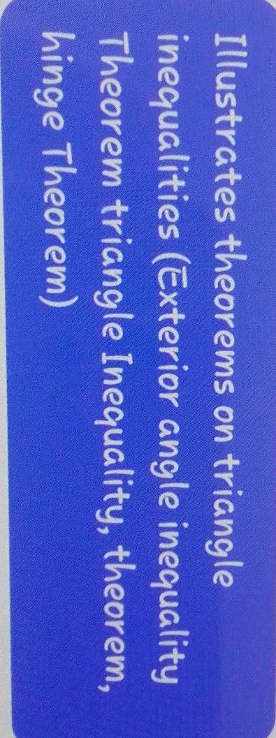 Illustrates theorems on triangle 
inequalities (Exterior angle inequality 
Theorem triangle Inequality, theorem, 
hinge Theorem)