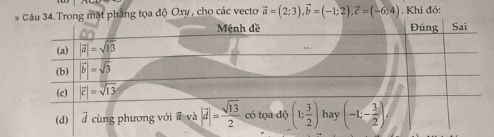 ng mặt phẳng tọa độ Oxy , cho các vecto vector a=(2;3),vector b=(-1;2),vector c=(-6;4). Khi đó: