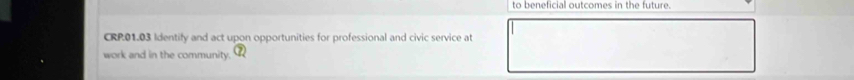 to beneficial outcomes in the future. 
CRP:01.03 Identify and act upon opportunities for professional and civic service at 
work and in the community.