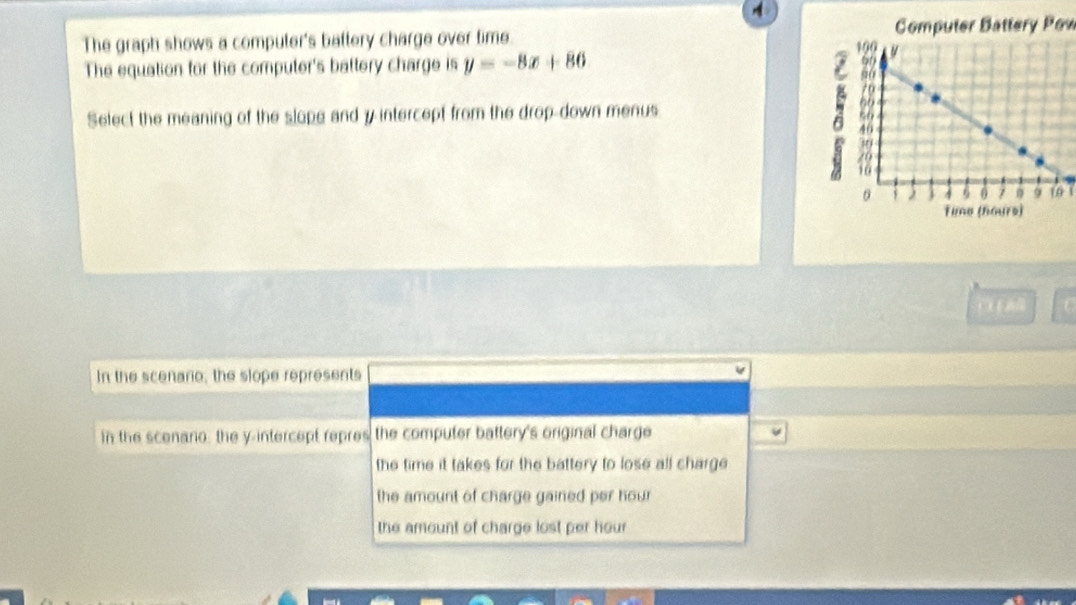 The graph shows a computer's battery charge over time. Computer Battery Pow
The equation for the computer's battery charge is y=-8x+86
Select the meaning of the slope and y intercept from the drop-down menus
10 1
Tune (hours)
In the scenaro, the slope represents
In the scenano, the y-intercept repres the computer battery's original charge
the time it takes for the battery to lose all charge
the amount of charge gained per hour
the amount of charge lost per hour