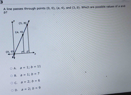 A line passes through points (0,0), (a,4) , and (3,b). Which are possible values of a and
b?
y
(3,b)
(a,4)
(0,0)
x
A. a=1; b=11
B. a=1; b=7
C. a=2; b=6
D. a=2; b=9