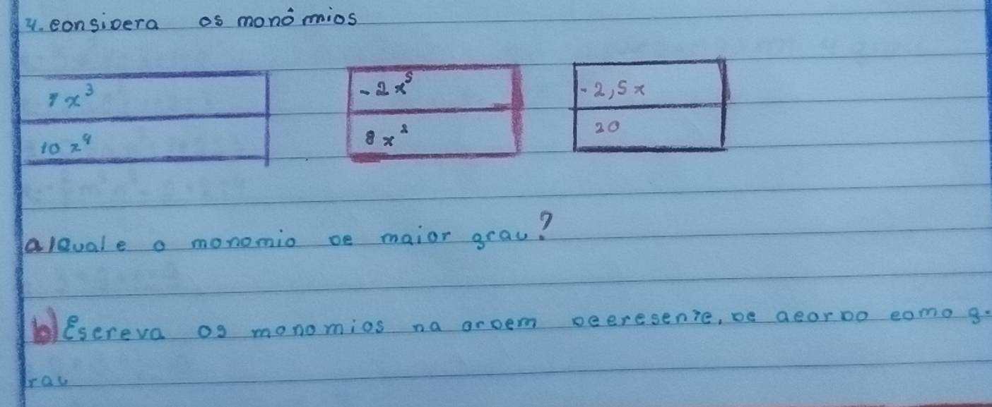 consioera os monomios
alevale a monomio oe maior grau?
blescreva os monomios na groem peeresenie, be aeoroo como g
dray