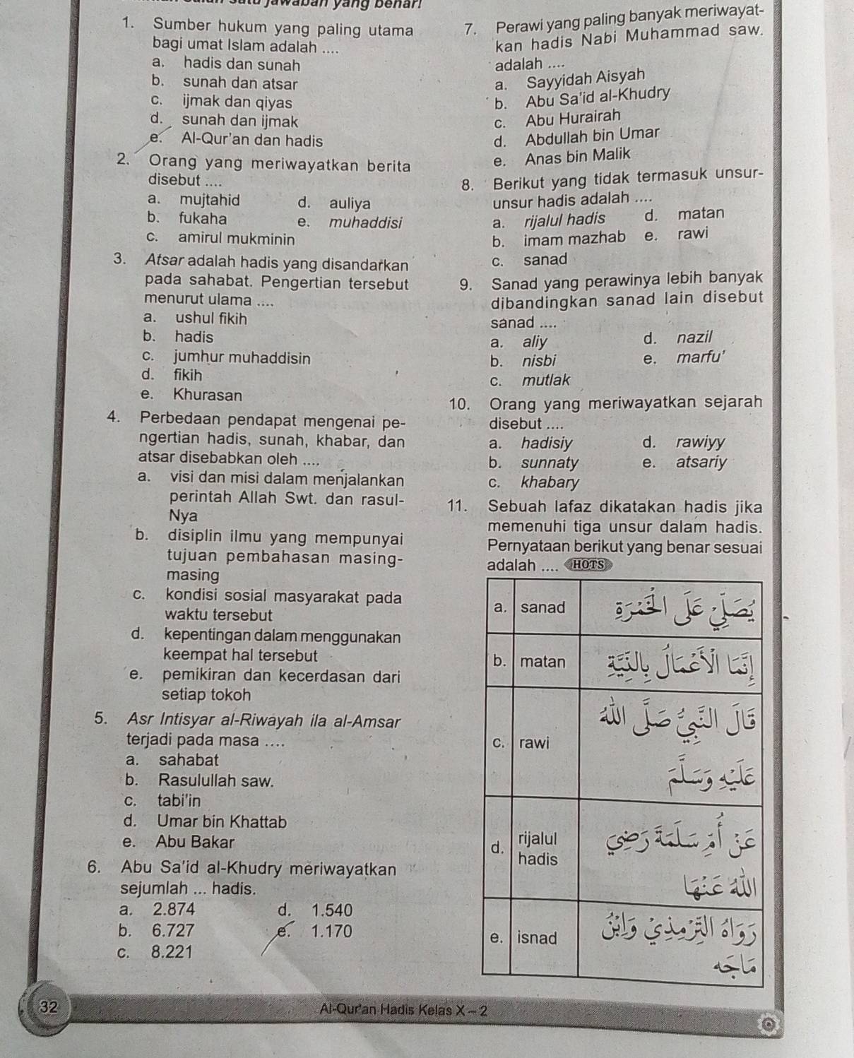 jawaban yang benan.
1. Sumber hukum yang paling utama 7. Perawi yang paling banyak meriwayat-
bagi umat Islam adalah ....
kan hadis Nabi Muhammad saw.
a. hadis dan sunah adalah ....
b. sunah dan atsar a. Sayyidah Aisyah
c. ijmak dan qiyas
b. Abu Sa'id al-Khudry
d. sunah dan ijmak c. Abu Hurairah
e. Al-Qur'an dan hadis d. Abdullah bin Umar
2. Orang yang meriwayatkan berita
e. Anas bin Malik
disebut ....
8.  Berikut yang tidak termasuk unsur-
a. mujtahid d. auliya unsur hadis adalah ....
b. fukaha e. muhaddisi a. rijalul hadis d. matan
c. amirul mukminin b. imam mazhab e. rawi
3. Atsar adalah hadis yang disandarkan
c. sanad
pada sahabat. Pengertian tersebut 9. Sanad yang perawinya lebih banyak
menurut ulama ....
dibandingkan sanad lain disebut
a. ushul fikih sanad ....
b. hadis d. nazil
a. aliy
c. jumhur muhaddisin b. nisbi e. marfu'
d. fikih
c. mutlak
e. Khurasan
10. Orang yang meriwayatkan sejarah
4. Perbedaan pendapat mengenai pe- disebut ....
ngertian hadis, sunah, khabar, dan a. hadisiy d. rawiyy
atsar disebabkan oleh .... b. sunnaty e. atsariy
a. visi dan misi dalam menjalankan c. khabary
perintah Allah Swt. dan rasul- 11. Sebuah lafaz dikatakan hadis jika
Nya
memenuhi tiga unsur dalam hadis.
b. disiplin ilmu yang mempunyai Pernyataan berikut yang benar sesuai
tujuan pembahasan masing- 
masing
c. kondisi sosial masyarakat pada
waktu tersebut 
d. kepentingan dalam menggunakan
keempat hal tersebut
e. pemikiran dan kecerdasan dari
setiap tokoh
5. Asr Intisyar al-Riwayah ila al-Amsar
terjadi pada masa ....
a. sahabat
b. Rasulullah saw.
c. tabi'in
d. Umar bin Khattab
e. Abu Bakar 
6. Abu Sa'id al-Khudry meriwayatkan
sejumlah ... hadis.
a. 2.874 d. 1.540
b. 6.727 e. 1.170
c. 8.221
32
Al-Qur'an Hadis Kelas x-2
6