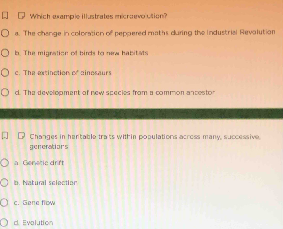 Solved: Which example illustrates microevolution? a. The change in ...