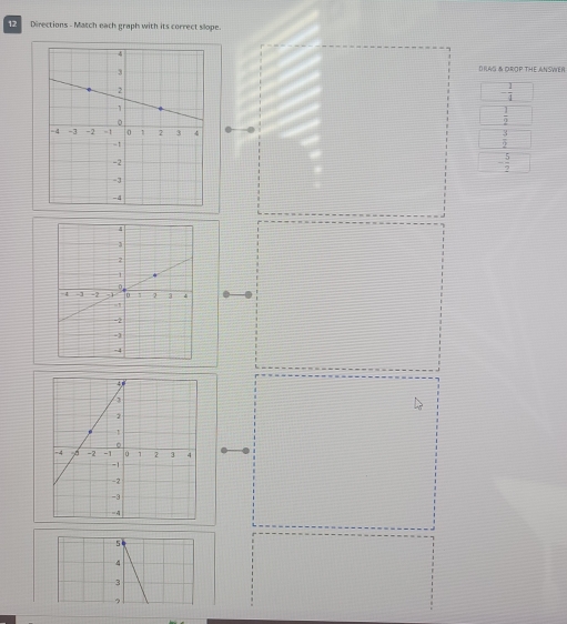 Directions - Match each graph with its correct slope.
DrAG & OROP THe ANSWeR
- 1/4 
 1/2 
 3/2 
- 5/2 