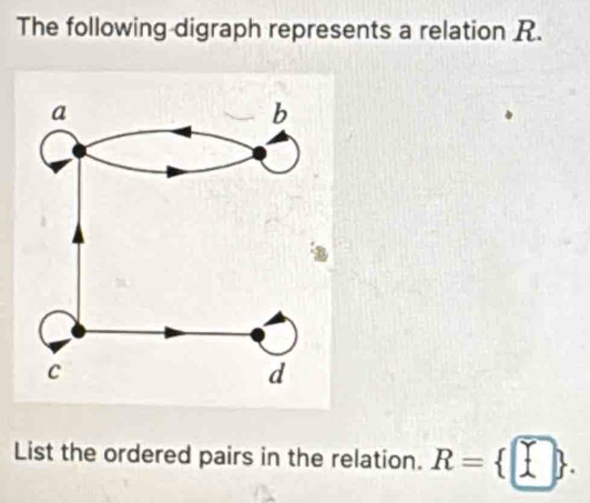 The following digraph represents a relation R. 
List the ordered pairs in the relation. R= □ .