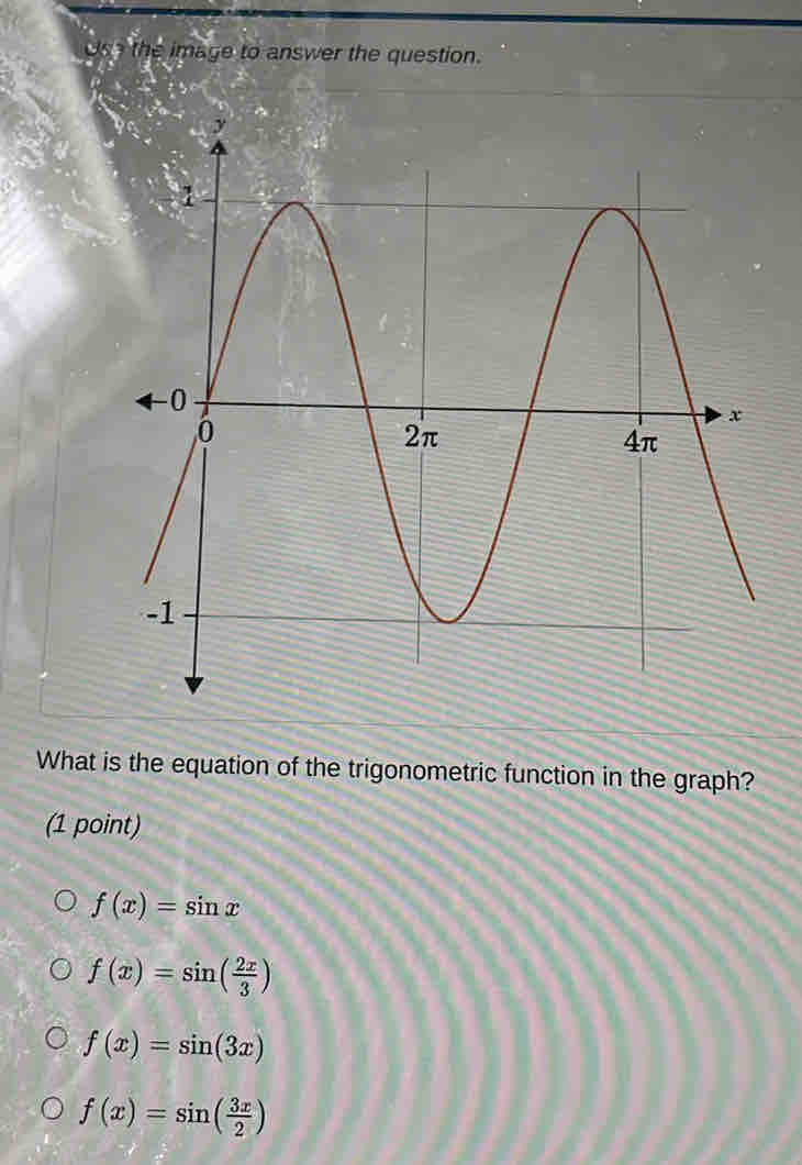 Use the image to answer the question.
What is the equation of the trigonometric function in the graph?
(1 point)
f(x)=sin x
f(x)=sin ( 2x/3 )
f(x)=sin (3x)
f(x)=sin ( 3x/2 )