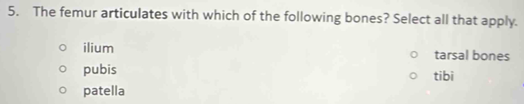 The femur articulates with which of the following bones? Select all that apply.
ilium tarsal bones
pubis
tibi
patella