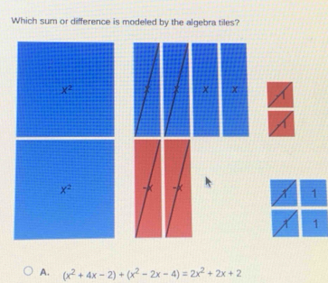 Which sum or difference is modeled by the algebra tiles?
1
A. (x^2+4x-2)+(x^2-2x-4)=2x^2+2x+2