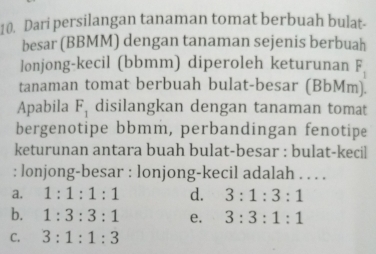 Dari persilangan tanaman tomat berbuah bulat-
besar (BBMM) dengan tanaman sejenis berbuah
lonjong-kecil (bbmm) diperoleh keturunan F_1
tanaman tomat berbuah bulat-besar (BbMm).
Apabila F_1 disilangkan dengan tanaman tomat
bergenotipe bbmm, perbandingan fenotipe
keturunan antara buah bulat-besar : bulat-kecil
: lonjong-besar : lonjong-kecil adalah . . . .
a. 1:1:1:1 d. 3:1:3:1
b. 1:3:3:1 e. 3:3:1:1
C. 3:1:1:3