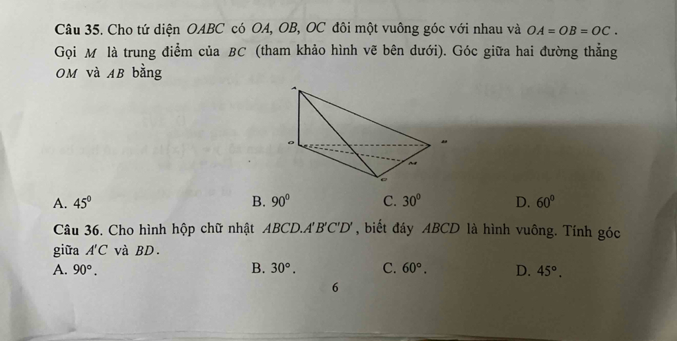 Cho tứ diện OABC có OA, OB, OC đôi một vuông góc với nhau và OA=OB=OC. 
Gọi M là trung điểm của BC (tham khảo hình vẽ bên dưới). Góc giữa hai đường thẳng
OM và AB bằng
A. 45° B. 90° C. 30° D. 60°
Câu 36. Cho hình hộp chữ nhật ABCD.A B'C'D' , biết đáy ABCD là hình vuông. Tính góc
giữa A'C và BD.
A. 90°. B. 30°. C. 60°. D. 45°. 
6