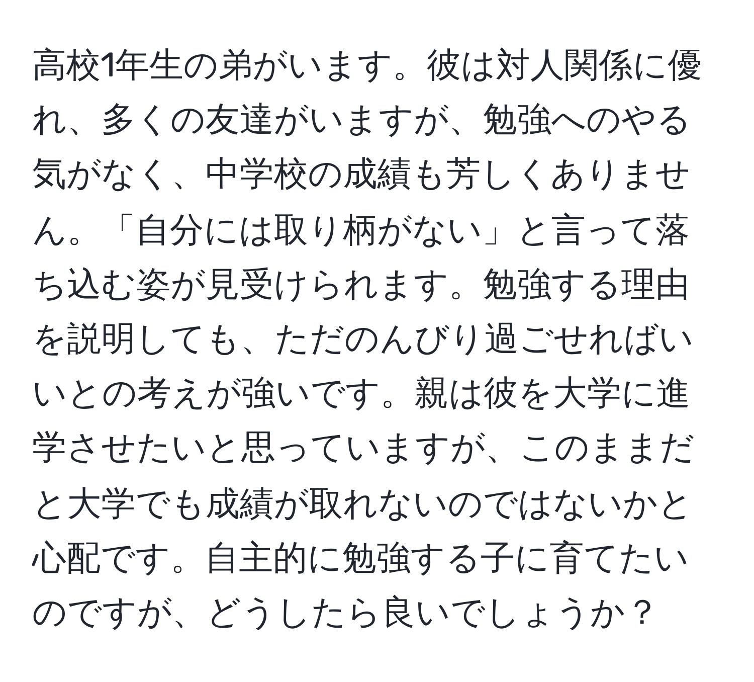 高校1年生の弟がいます。彼は対人関係に優れ、多くの友達がいますが、勉強へのやる気がなく、中学校の成績も芳しくありません。「自分には取り柄がない」と言って落ち込む姿が見受けられます。勉強する理由を説明しても、ただのんびり過ごせればいいとの考えが強いです。親は彼を大学に進学させたいと思っていますが、このままだと大学でも成績が取れないのではないかと心配です。自主的に勉強する子に育てたいのですが、どうしたら良いでしょうか？