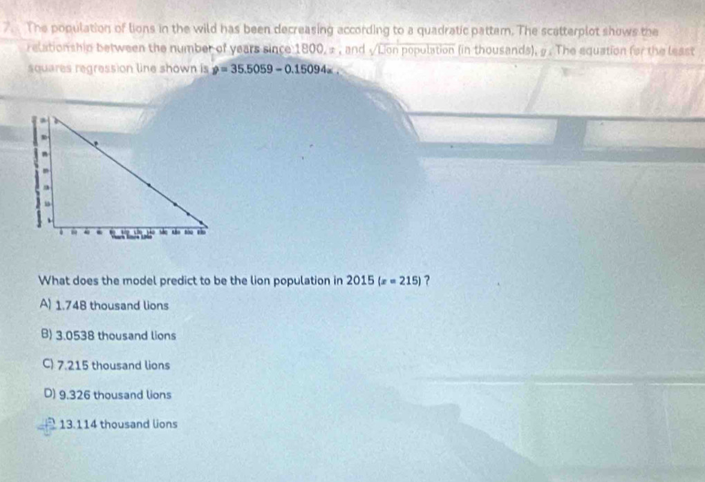 The population of lions in the wild has been decreasing according to a quadratic patter. The scatterplot shows the
relationship between the number of years since 1800, ± , and sqrt(□ 0n) population (in thousands), 9. The equation for the least
squares regression line shown is hat y=35.5059-0.15094=. 
What does the model predict to be the lion population in 2015(x=215) ？
A) 1.748 thousand lions
B) 3.0538 thousand lions
C) 7.215 thousand lions
D) 9,326 thousand lions
13.114 thousand lions